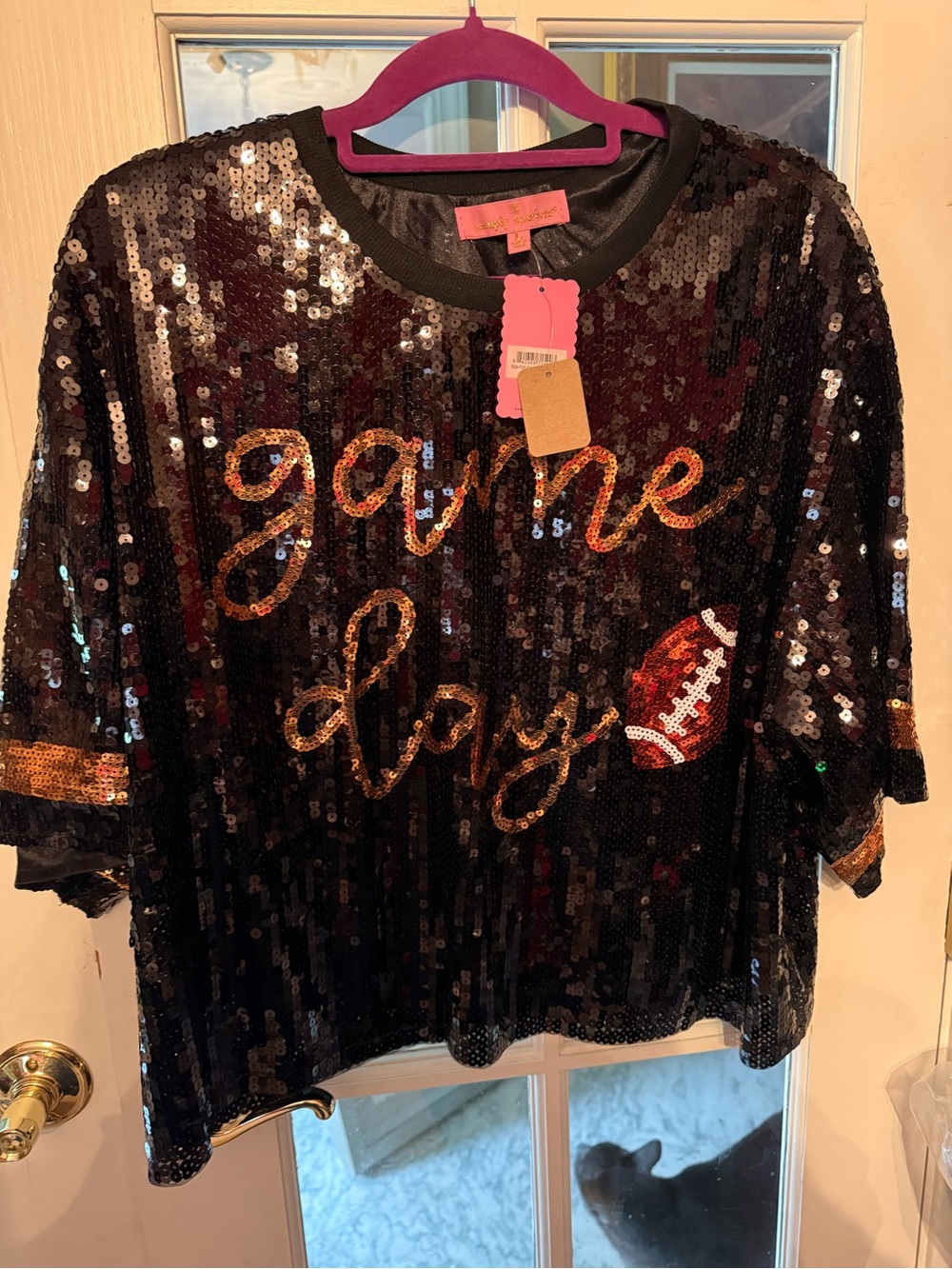 Simply Southern Black Sequin 'Game Day' Tee with Gold Script